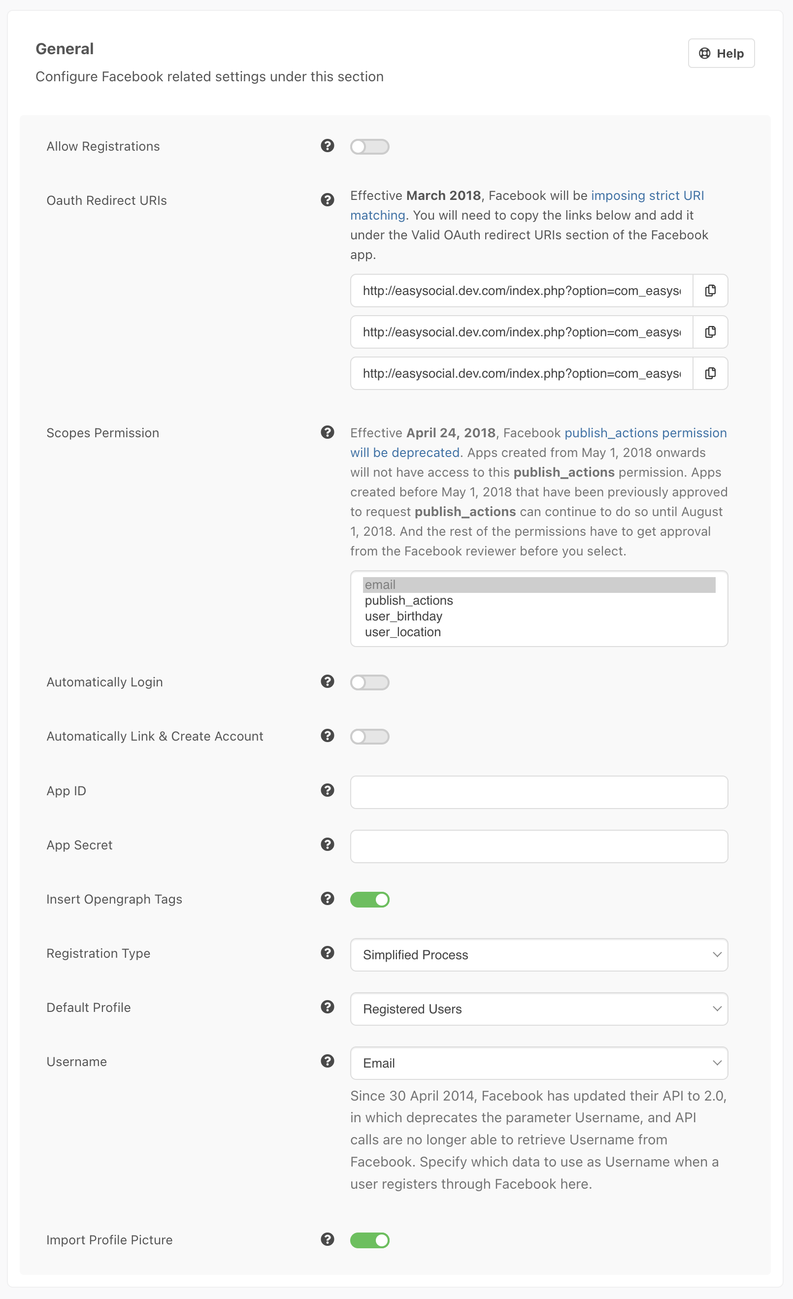 EasySocial Facebook Configuration