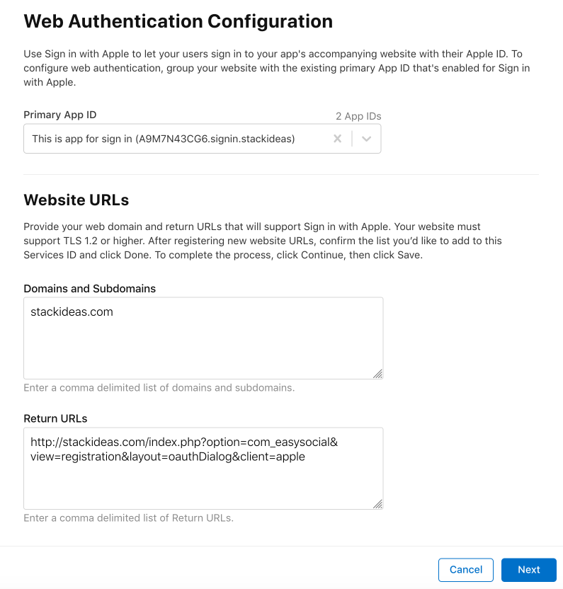 EasySocial Apple App Configuration