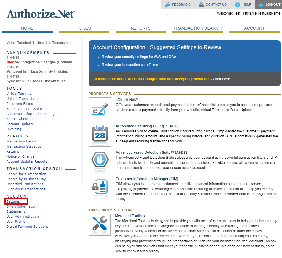 Merchant interface of authorize account