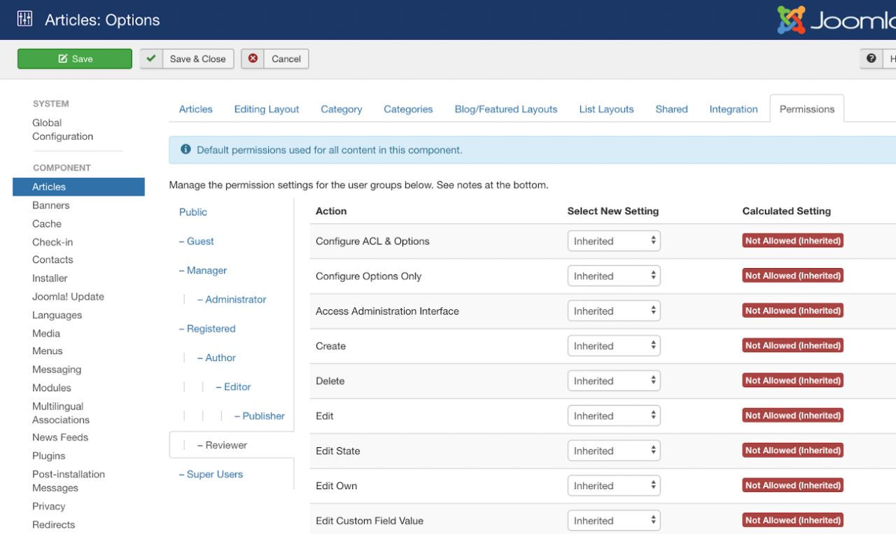 Permissions tab in Article Component
