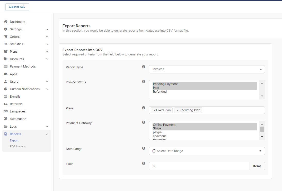 Export CSV file