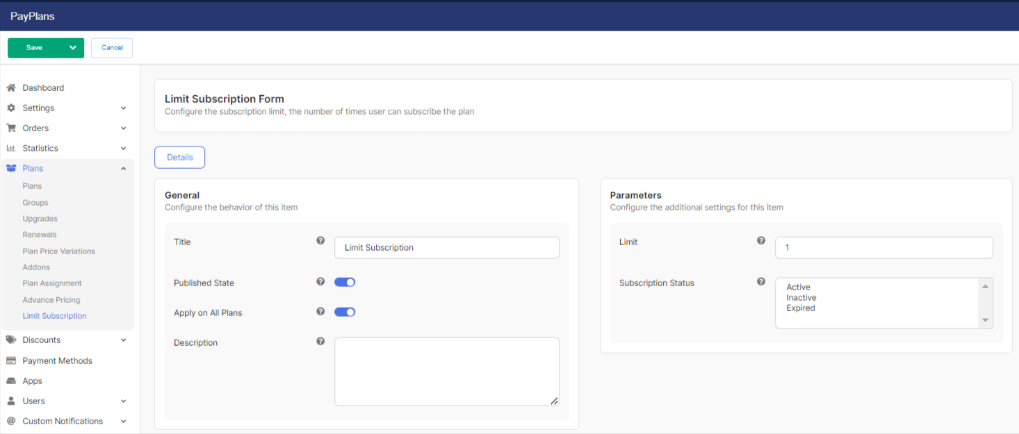 Plan Limit Subscription Configuration