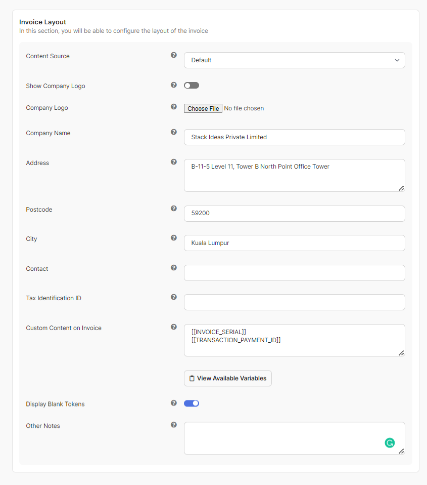 Invoice Layout Settings